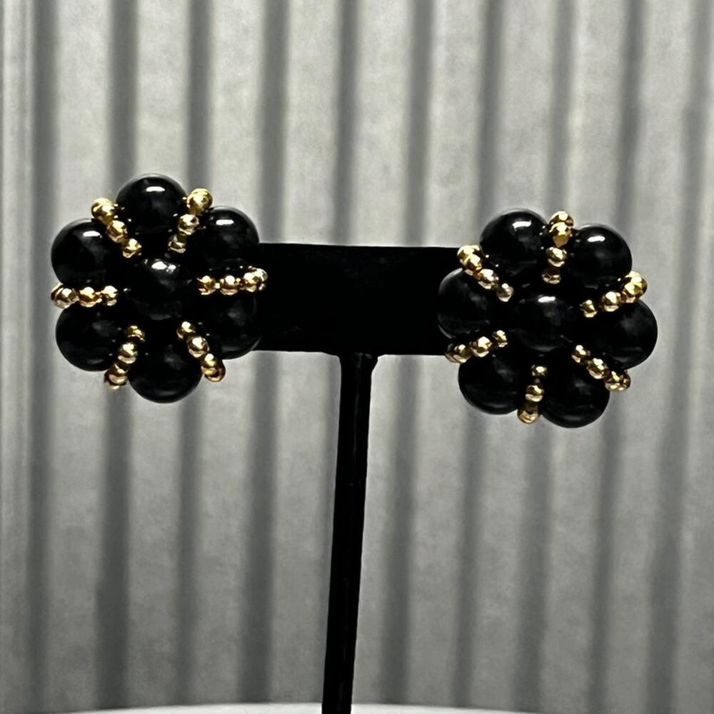 Vintage Black Beaded Flower Earrings Gold Trim Statement Bold
